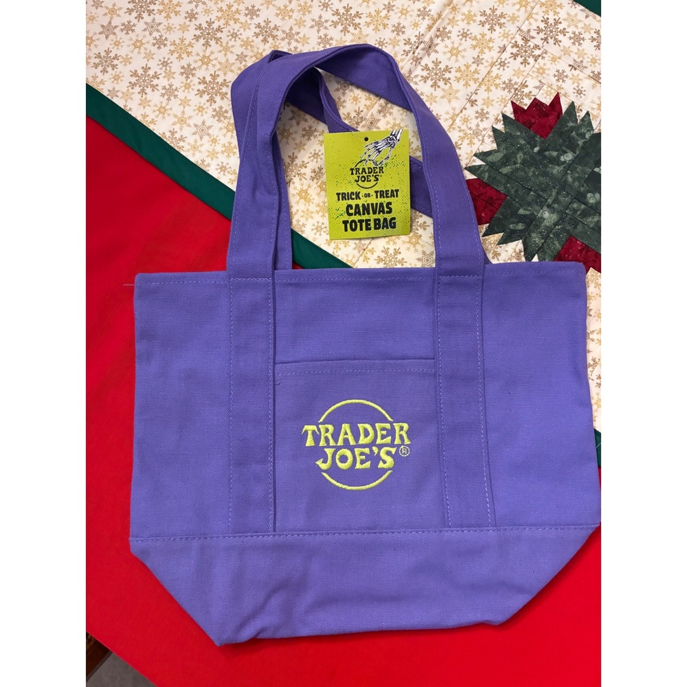 Trader Joes Trick-or-Treat Canvas Tote Bag Purple Lime Green Embroidered 81415